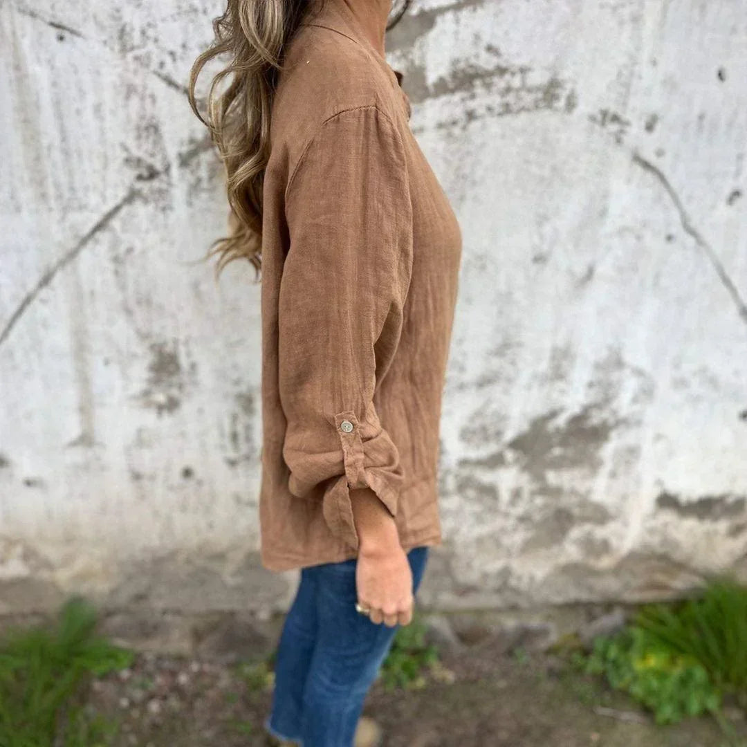 Camisa Benditta™ em Linho de Algodão com Botões Delicados e Manga Ajustável / Leveza e Estilo para Conforto Diário!