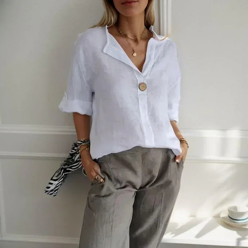 [Compre 1 e Leve 3] Camisa Feminina Lucienne™ em Linho de Algodão com Gola Mandarin / Elegância Minimalista e Conforto que Acompanham Você!