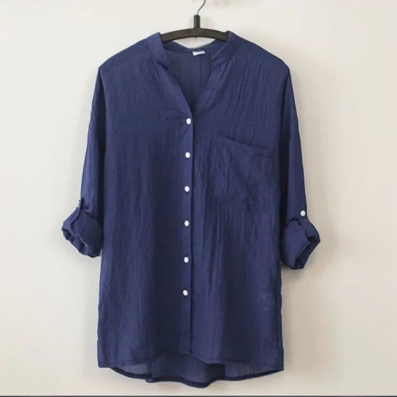 [Compre 1 e Leve 3] Camisa Adelaide™ em Linho de Algodão com Gola Mandarin / Elegância e Conforto que Se Reinventam em Cada Ocasião!
