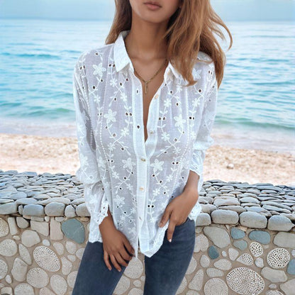 Camisa Beija-Flor™ em Linho de Algodão com  Bordados Florais /  A Elegância que Abraça a Sua Essência!