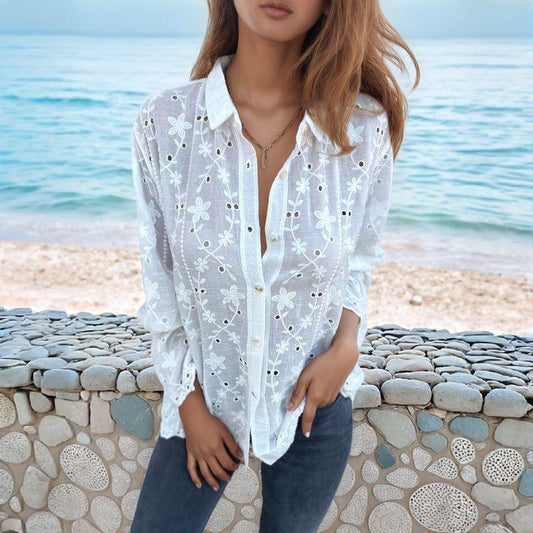 Camisa Beija-Flor™ em Linho de Algodão com  Bordados Florais /  A Elegância que Abraça a Sua Essência!