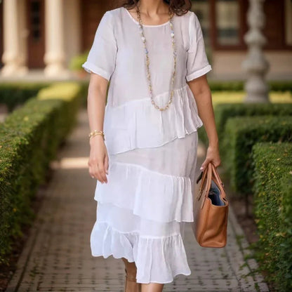 Vestido Cairo™ em Linho de Algodão com Babados e Caimento Leve / O Toque de Conforto que Sua Rotina Merece, com Frescor e Elegância para Cada Dia