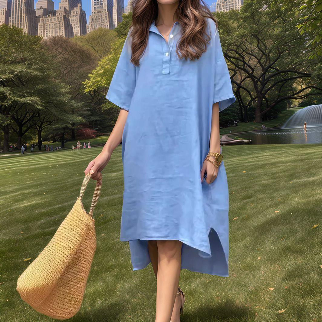 [Compre 1 e Leve 2] Vestido Toscana™ em Linho de Algodão com Modelagem Oversized e Barra Assimétrica / Leveza e Elegância para Todos os Momentos