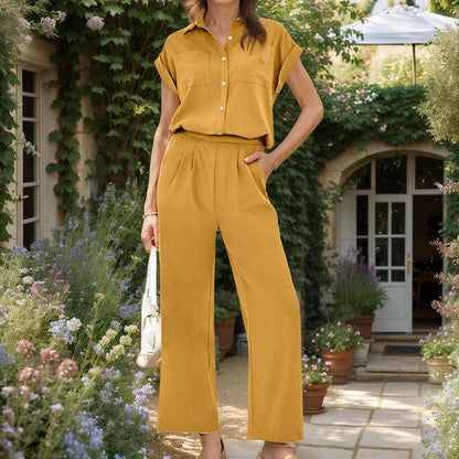 Conjunto Lorenza™ em Linho de Algodão com Cintura Elástica e Camisa Leve / Conforto Sofisticado para o Seu Dia a Dia!