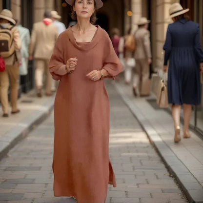 Vestido Longo Marbella™ em Linho de Algodão com Gola Ampla / A Essência do Conforto Chic em uma Peça Atemporal!