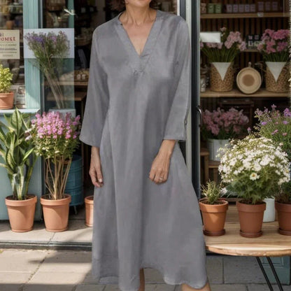 Vestido Dominique™ em Viscose Acetinada com Gola V Estruturada / Sofisticação Minimalista com Toques de Elegância Atemporal!