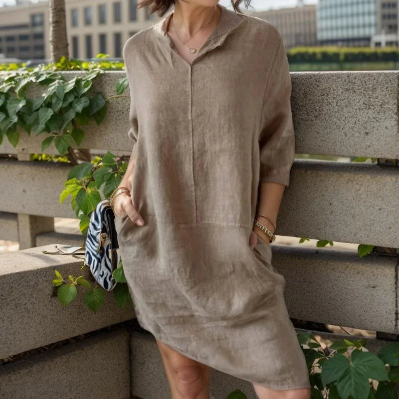 [COMPRE 1 E LEVE 2]  Vestido Ivanna™ em Linho de Algodão com Gola em V / Simplicidade Sofisticada para Todas as Horas!