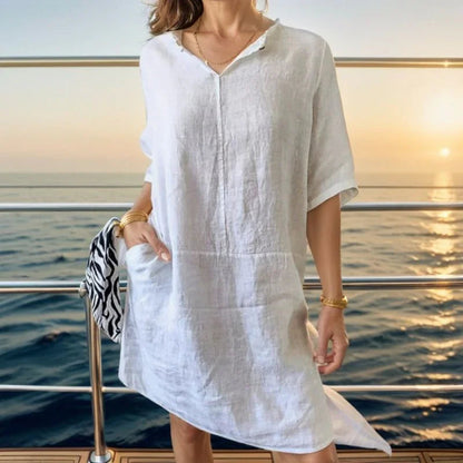 [COMPRE 1 E LEVE 2]  Vestido Ivanna™ em Linho de Algodão com Gola em V / Simplicidade Sofisticada para Todas as Horas!