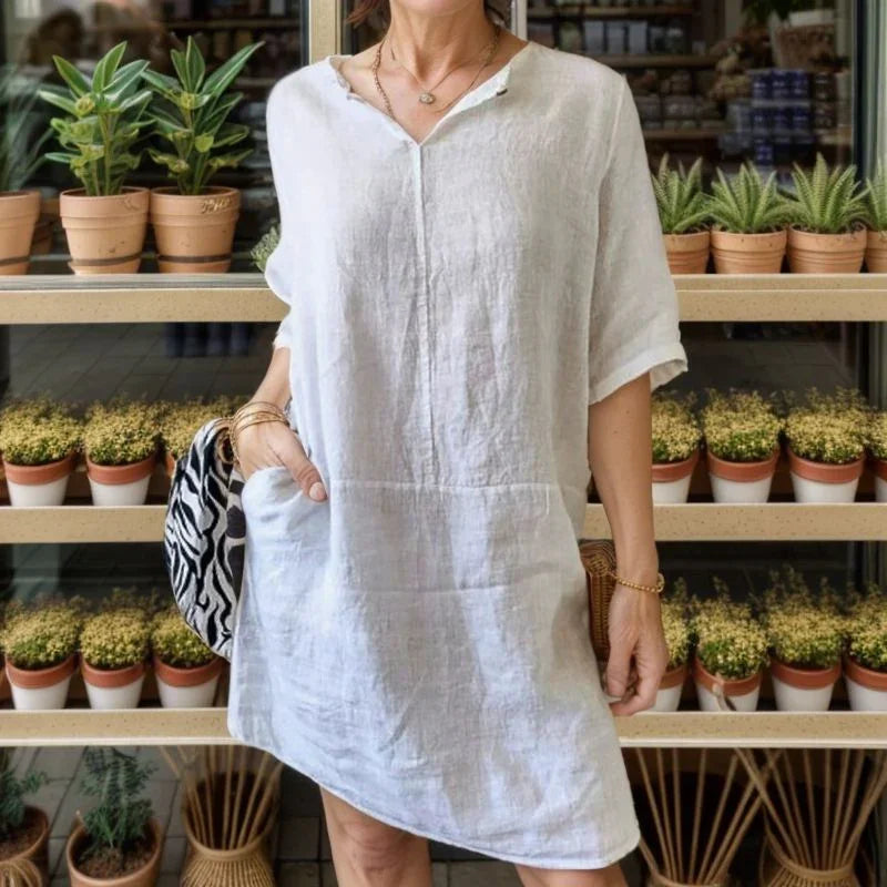 [COMPRE 1 E LEVE 2]  Vestido Ivanna™ em Linho de Algodão com Gola em V / Simplicidade Sofisticada para Todas as Horas!