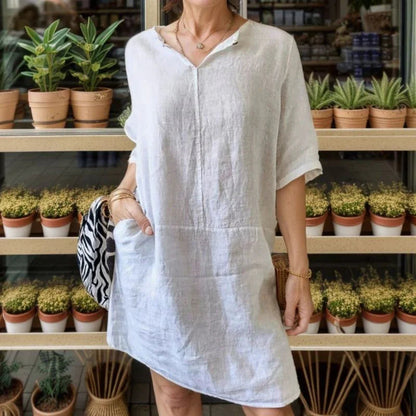 [COMPRE 1 E LEVE 2]  Vestido Ivanna™ em Linho de Algodão com Gola em V / Simplicidade Sofisticada para Todas as Horas!