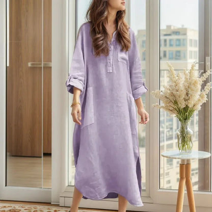 Vestido Ellorah™ em Linho com Botões Naturais e Silhueta Fluida / Liberdade e Elegância Para Quem Vive no Próprio Ritmo!