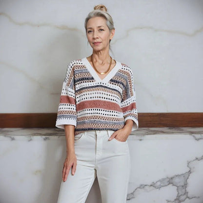 Blusa Stella™  em Tricô Vazado com Listras Elegantes /  A Peça-Curinga das Quatro Estações