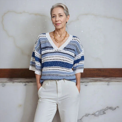 Blusa Stella™  em Tricô Vazado com Listras Elegantes /  A Peça-Curinga das Quatro Estações