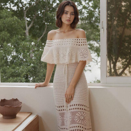 Conjunto Luar de Capri™ em Crochê com Top Ombro a Ombro e Vestido / Um Toque de Romance Mediterrâneo com Acabamento Luxuoso!