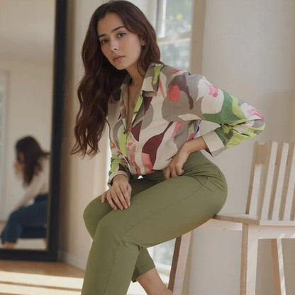 Conjunto Sálvia Élégance™ com Camisa Acetinada e Calça de Alfaiataria / Sofisticação que Vai do Office ao After!