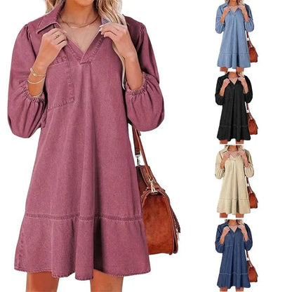 Vestido Jeans Madalena™ com Gola Lapela e Manga Bufante / O Clássico Renovado com Conforto e Feminilidade