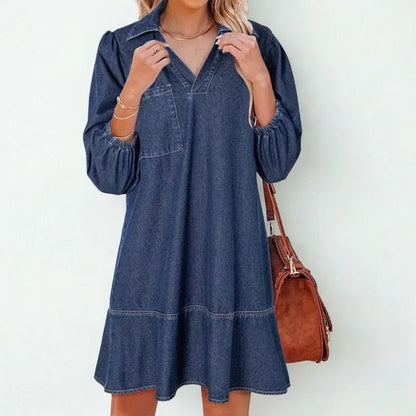 Vestido Jeans Madalena™ com Gola Lapela e Manga Bufante / O Clássico Renovado com Conforto e Feminilidade