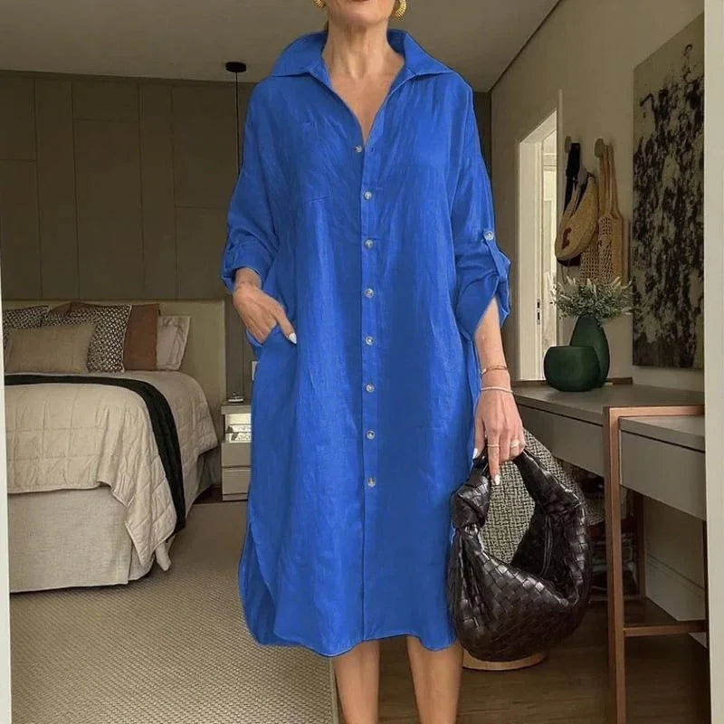 Vestido Chemise Mídi Lisboa™ em Linho de Algodão com Gola Alta Chique / A Peça-Curinga da Mulher Moderna!