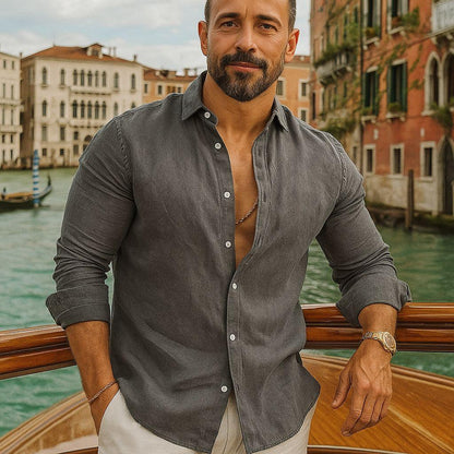 [BLACK FRIDAY COMPRE 1, LEVE 3] Camisa Veneza™ em Linho de Algodāo e Gola Italiana / Estilo Europeu e Presença para o Verão 2025/2026!