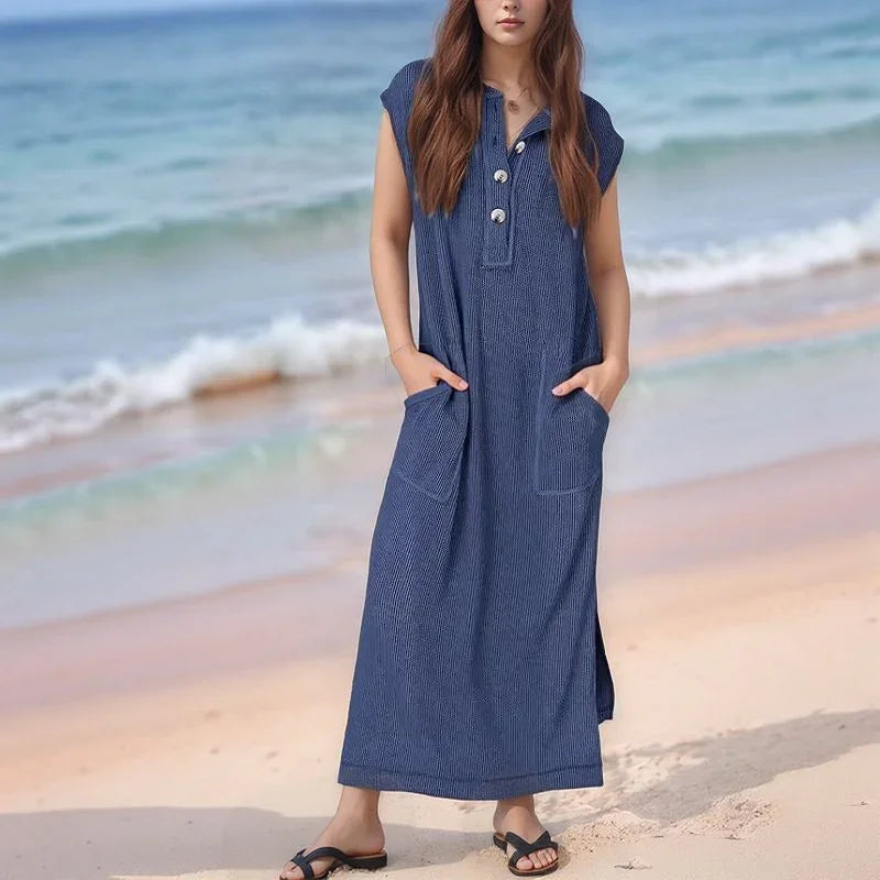 Vestido Lucelli™ Em Tecido Modal Plissado com Acabamento Artesanal / Nova Tendência Verão 2025/2026