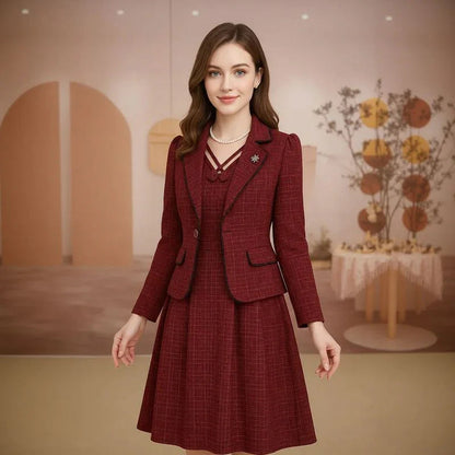Conjunto La Vittoria™ com Blazer Estruturado e Vestido com Decote Ornamental / Presença, Estilo e Sofisticação Atemporal!
