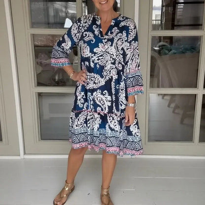 Vestido Glenda™ em Viscose Acetinada com Estampa Boho / O Encanto da Liberdade com Sofisticação!