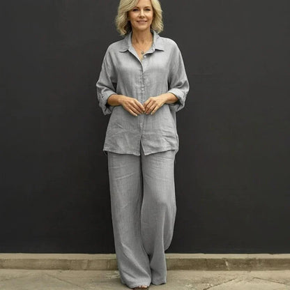 Conjunto Costa Serena™ em Linho de Algodão / Camisa Solta & Pantalona Ampla que Transmitem Leveza!