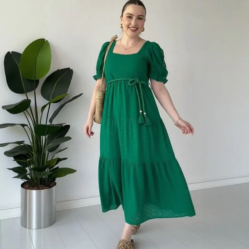 Vestido Elena D’Amore™ em Viscose Texturizada com Mangas Bufantes / Leveza, Charme e Feminilidade em Cada Movimento