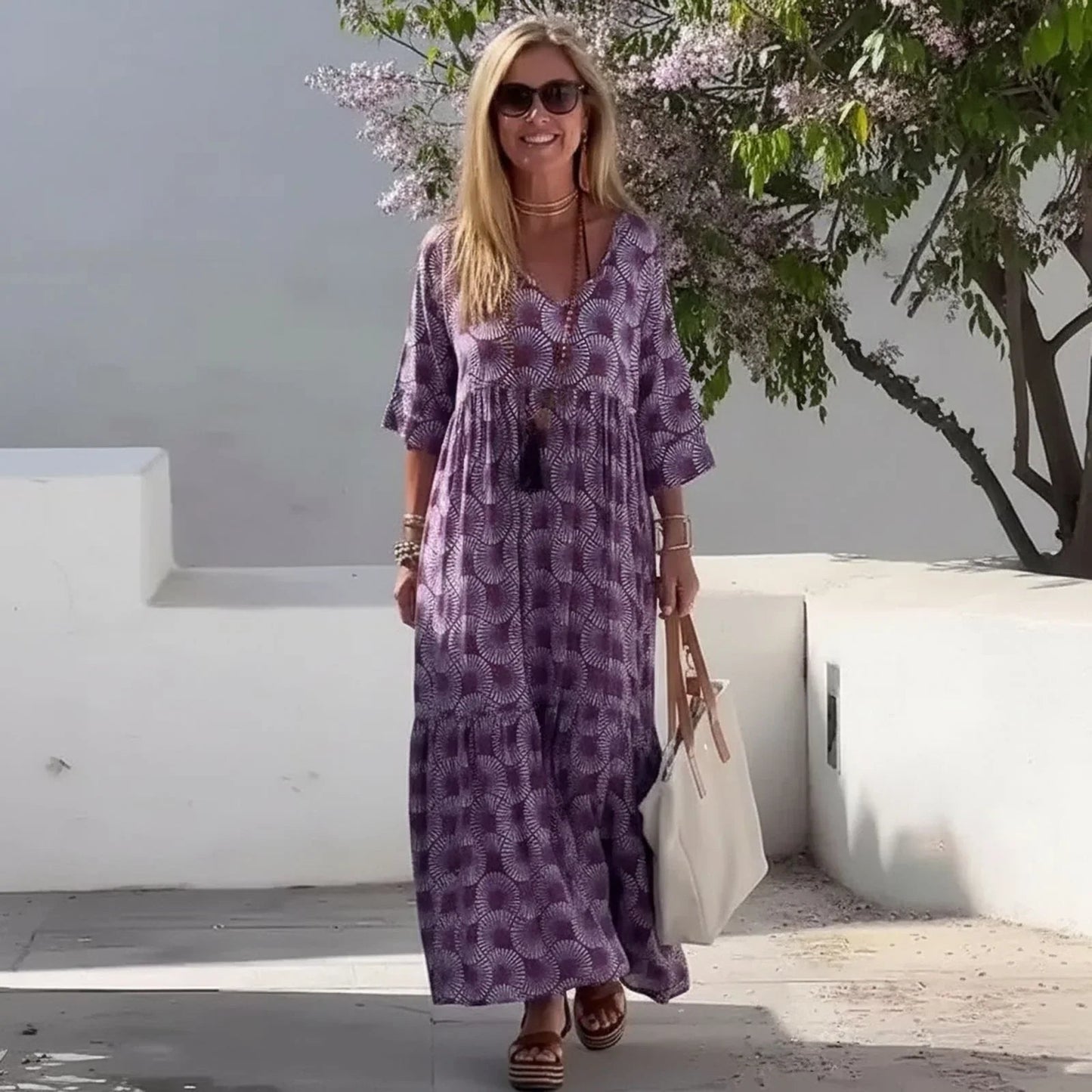 Vestido Maresa Palma™ com Estampa Boho Chique em Roxo / Leveza e Personalidade em Cada Passo!