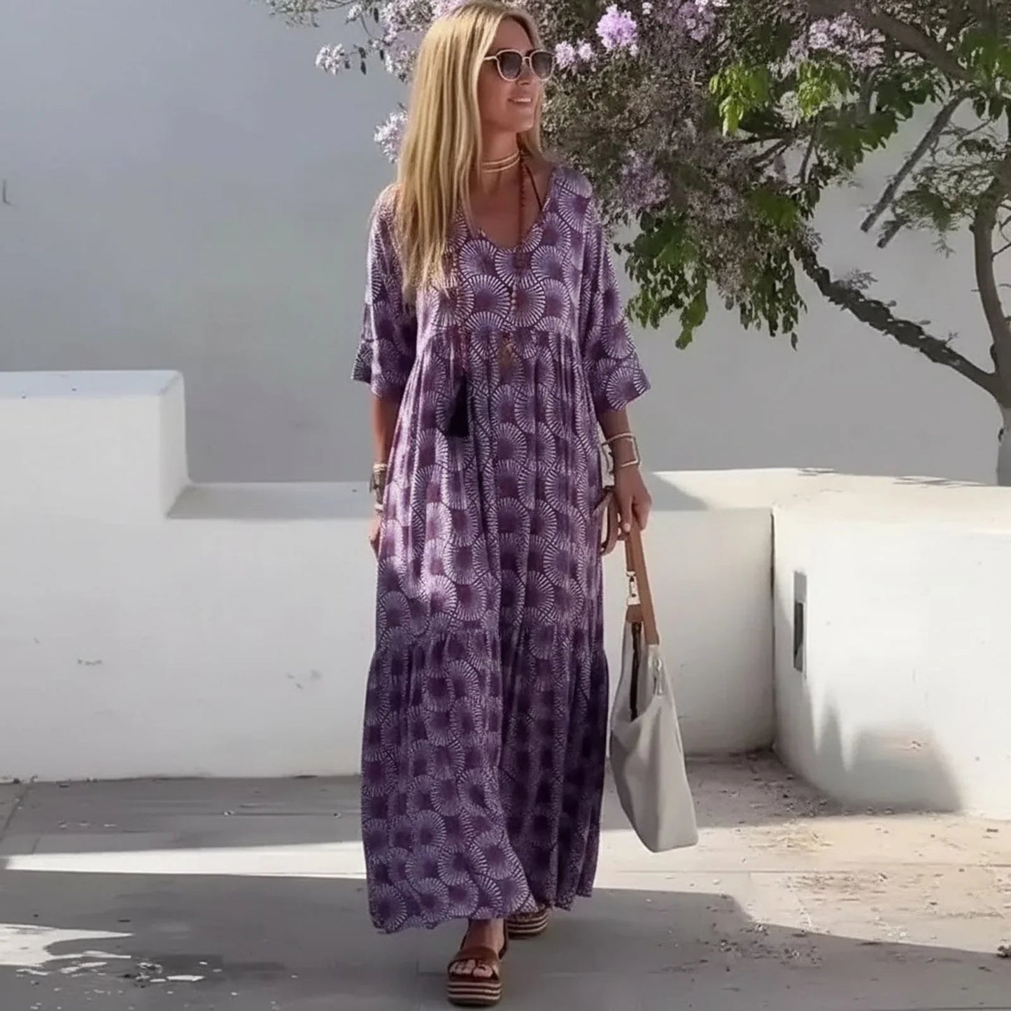 Vestido Maresa Palma™ com Estampa Boho Chique em Roxo / Leveza e Personalidade em Cada Passo!