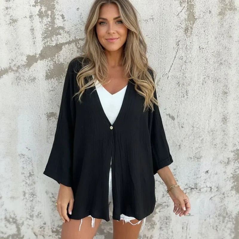 [COMPRE 1 E LEVE 2] Cardigan Alba™ Em Viscolinho de Verão com Modelagem Solta / Frescor e Estilo em Uma Só Peça!