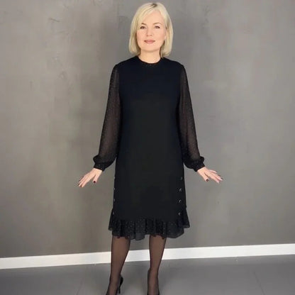 Vestido Madame Elisa™ com Mangas Longas Translúcidas e Detalhes Delicados / Elegância Clássica que Nunca Sai de Cena!
