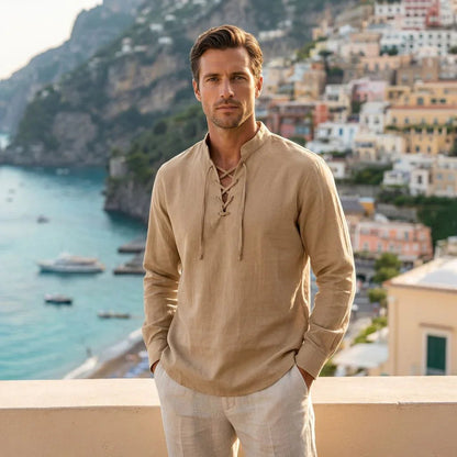 Camisa Masculina Amalfi™ em Linho de Algodão com Amarração Ajustável