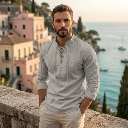 Camisa Masculina Amalfi™ em Linho de Algodão com Amarração Ajustável
