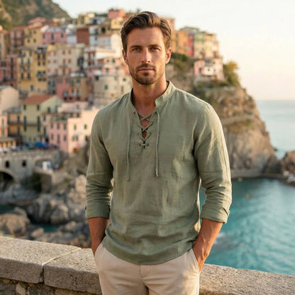Camisa Masculina Amalfi™ em Linho de Algodão com Amarração Ajustável