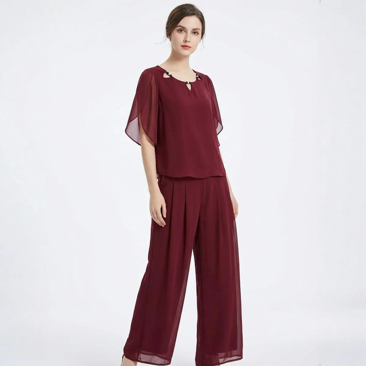 Conjunto Marilyn™ em Popelina com Blusa de Gola Trabalhada e Calça Longa Elegante
