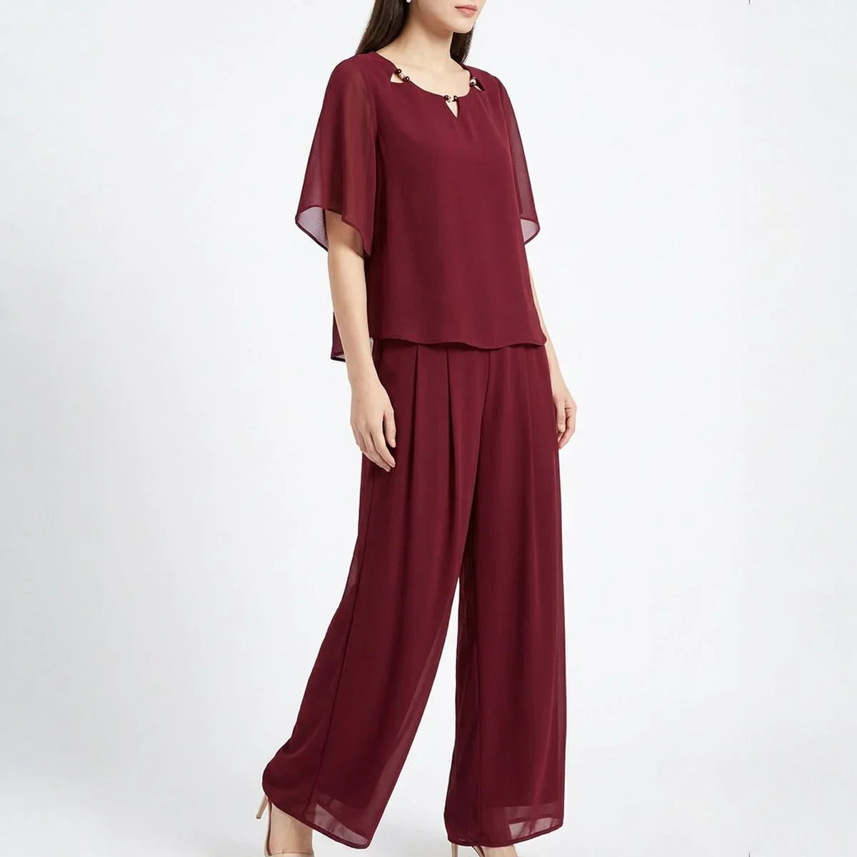 Conjunto Marilyn™ em Popelina com Blusa de Gola Trabalhada e Calça Longa Elegante