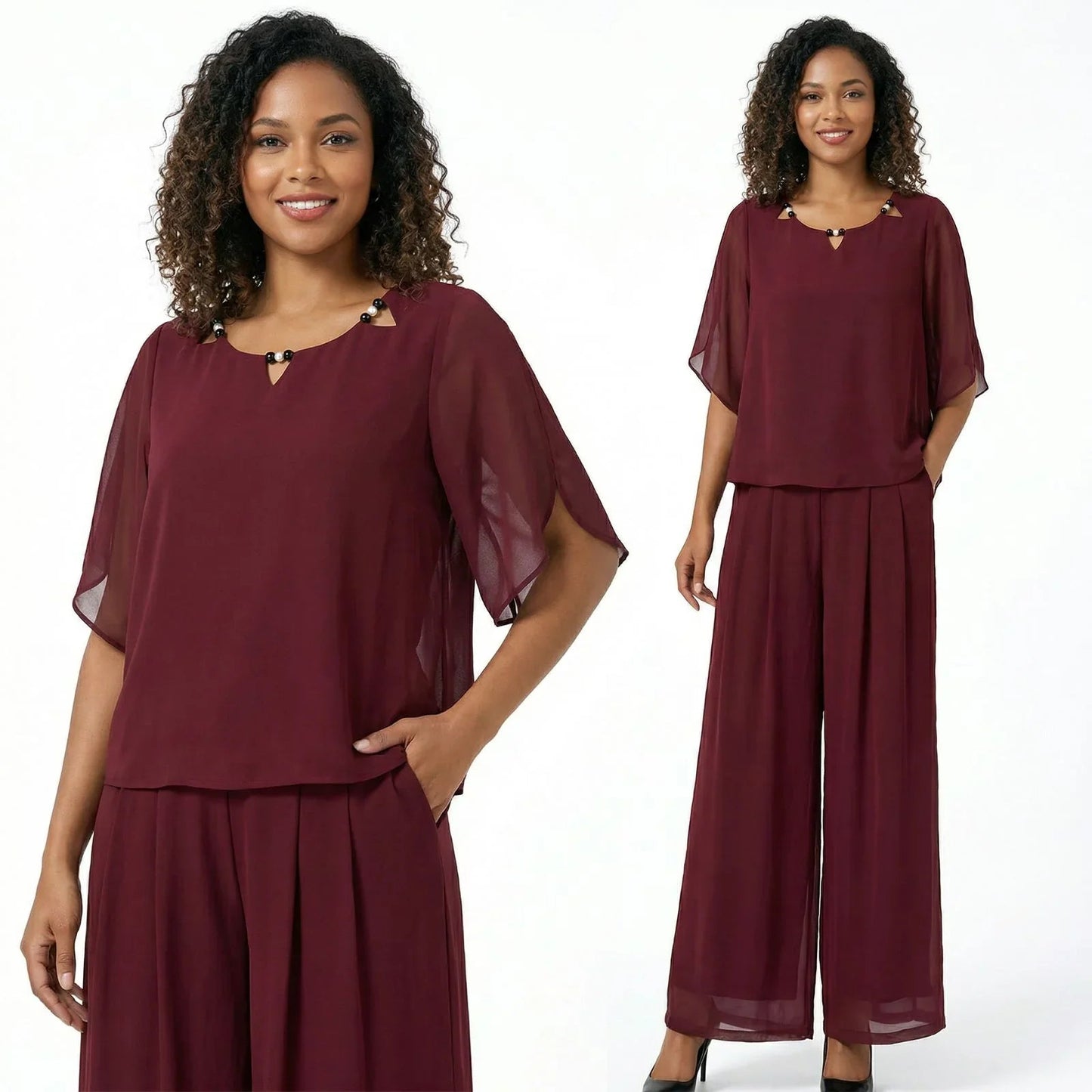 Conjunto Marilyn™ em Popelina com Blusa de Gola Trabalhada e Calça Longa Elegante