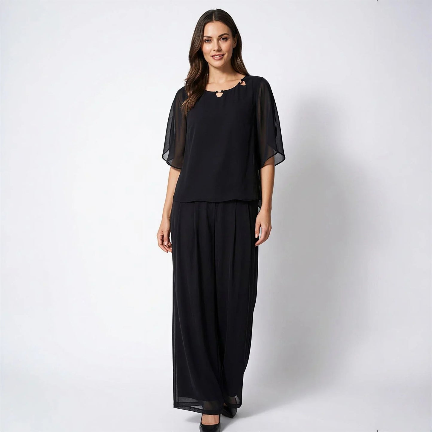 Conjunto Marilyn™ em Popelina com Blusa de Gola Trabalhada e Calça Longa Elegante
