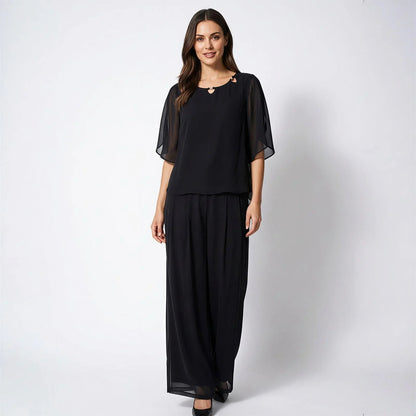 Conjunto Marilyn™ em Popelina com Blusa de Gola Trabalhada e Calça Longa Elegante