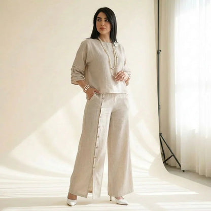 Conjunto Raízes™ Em Linho de Algodão com Blusa Confortável e Calça Elegante