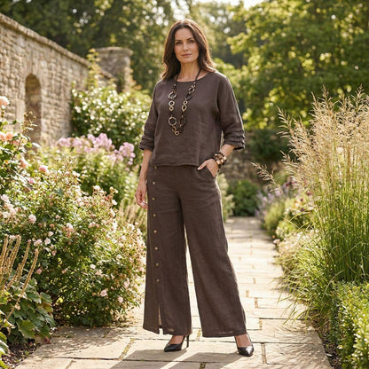Conjunto Raízes™ Em Linho de Algodão com Blusa Confortável e Calça Elegante