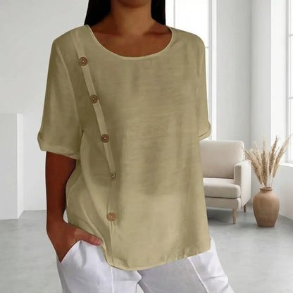 (Liquidação: Compre 1, Leve 2) Blusinhas Liora™ em Viscose Soft / Elegância Minimalista com Detalhes em Botões Chiques!