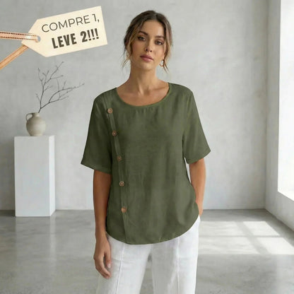 (Liquidação: Compre 1, Leve 2) Blusinhas Liora™ em Viscose Soft / Elegância Minimalista com Detalhes em Botões Chiques!
