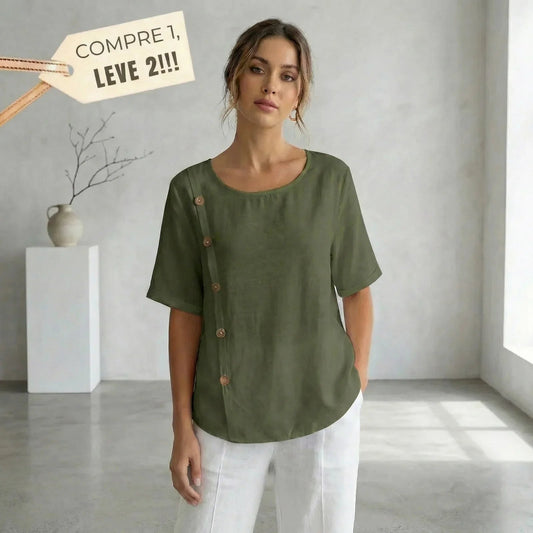 (Liquidação: Compre 1, Leve 2) Blusinhas Liora™ em Viscose Soft / Elegância Minimalista com Detalhes em Botões Chiques!