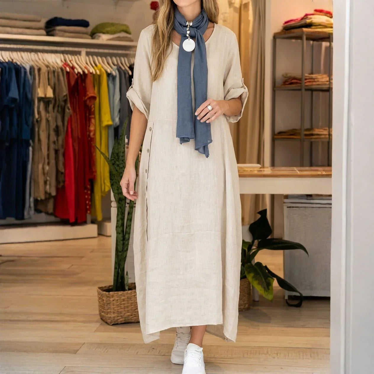 Vestido Aurores™ em Linho de Algodão com Fenda Lateral / Envolva-se na Elegância Minimalista que Somente Este Vestido Proporciona!!