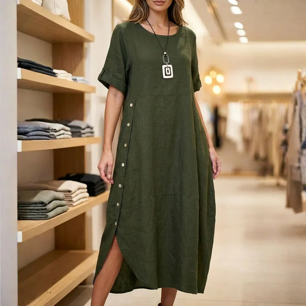 Vestido Aurores™ em Linho de Algodão com Fenda Lateral / Envolva-se na Elegância Minimalista que Somente Este Vestido Proporciona!!