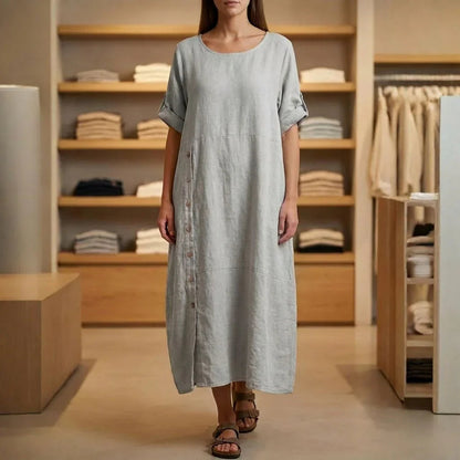 Vestido Aurores™ em Linho de Algodão com Fenda Lateral / Envolva-se na Elegância Minimalista que Somente Este Vestido Proporciona!!