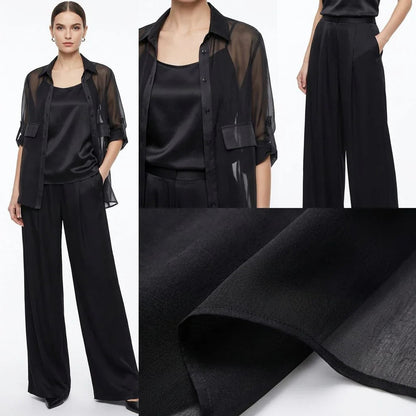 Conjunto Acetinado Sevilha™ 3 Peças com Blusinha, Camisa Longa e Calça