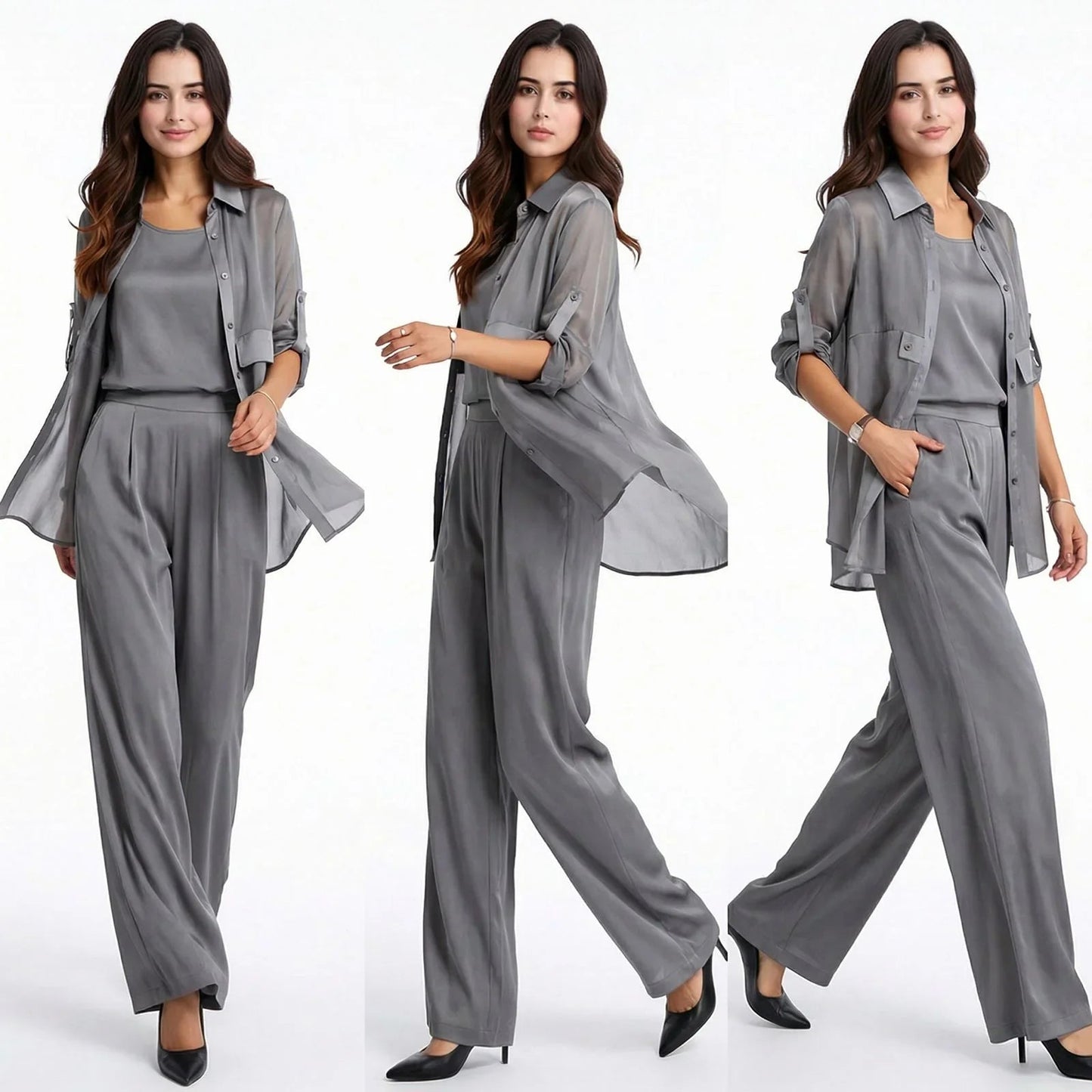 Conjunto Acetinado Sevilha™ 3 Peças com Blusinha, Camisa Longa e Calça